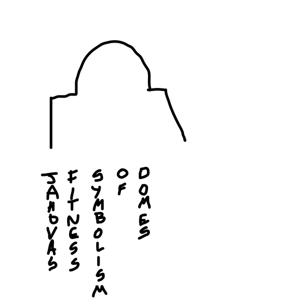 A very basic line drawing scrawl of a rudimentary dome. The band name (Jehova’s Fitness) and title (Symbolism of Domes) are written in the lower half weirdly running vertically for no reason other than it’s goofy.