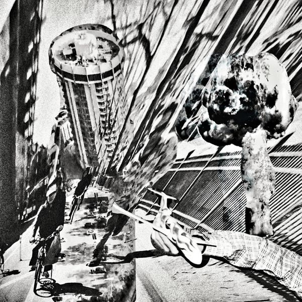 Black and white photo-collage. A weird angled circular tower block, several cyclists heading towards the viewer, railings on a bridge, a childs arm holding a toy aeroplane, the cloud from an explosion, layers of distorted geometry.