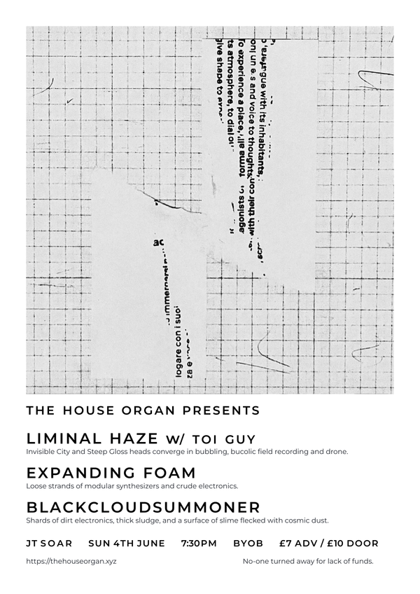 Gig poster. Paper collage; torn fragments of text laid on top of graph paper. There are a few marks on the graph paper like accidental pencil marks. Everything seems to have been photocopied and so resolution is low and detail lacking. All rendered in greyscale. Text as elaborated in the post content.