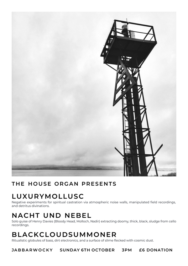 Gig poster. Unknown metal framed tower on the coast at Lindisfarne with a triangle shape. The shot is dominated by light grey clouds in the background, hovering moodily above a thin ribbon of coastline. All rendered in greyscale. Text as elaborated in the post content.