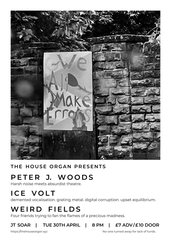 Gig poster. Featuring a photograph of a crudely painted picture which says ‘We All Make Errors’ mounted on an outside wall. All rendered in greyscale. Other text as elaborated in the post content.